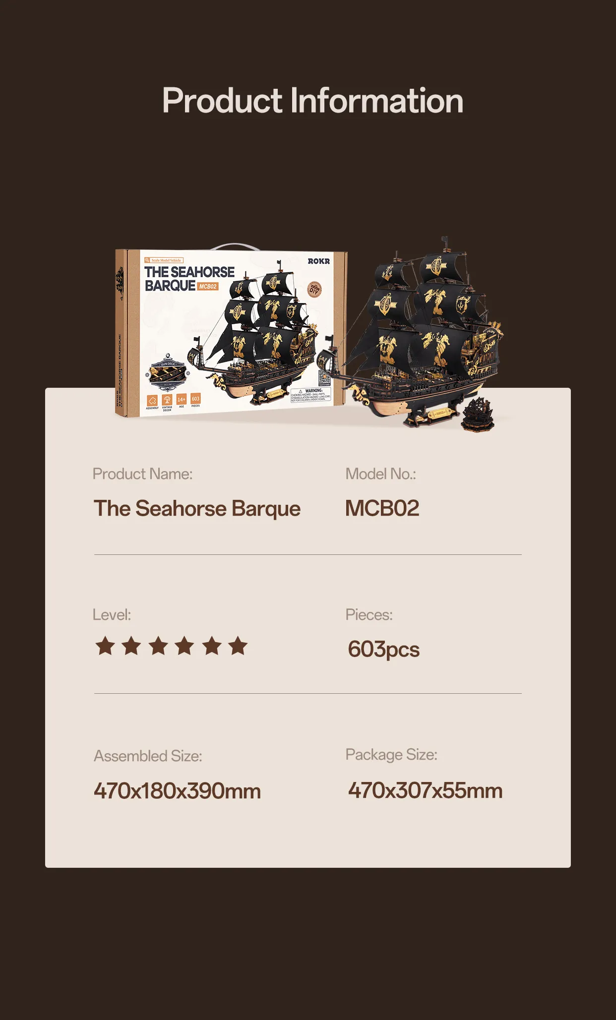 rokr the seahorse barque 3d wooden puzzle mcb02