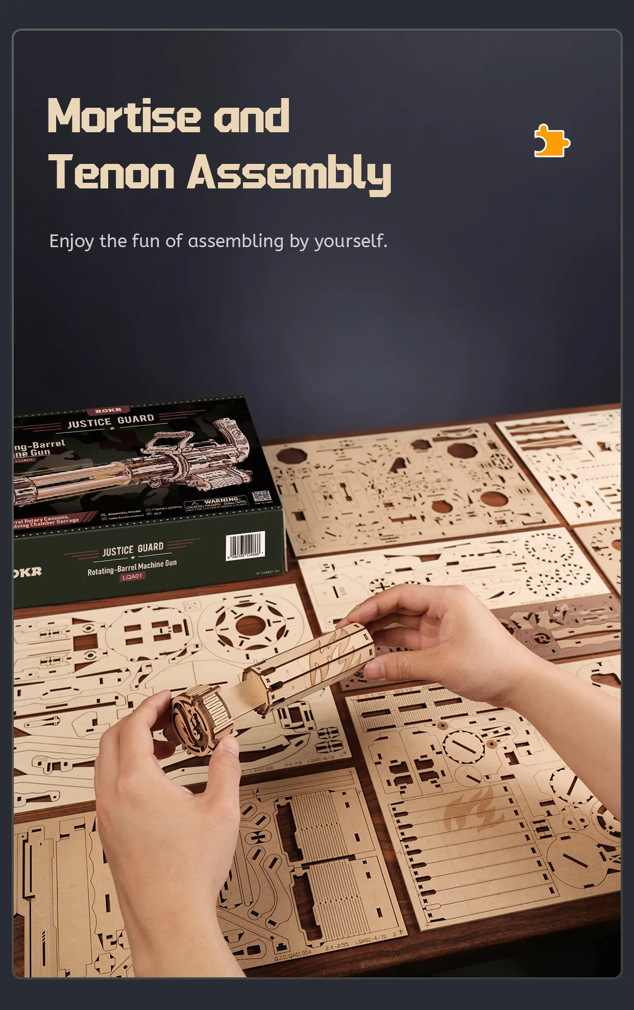 rokr rotating barrel machine gun 3d wooden puzzle lqa01