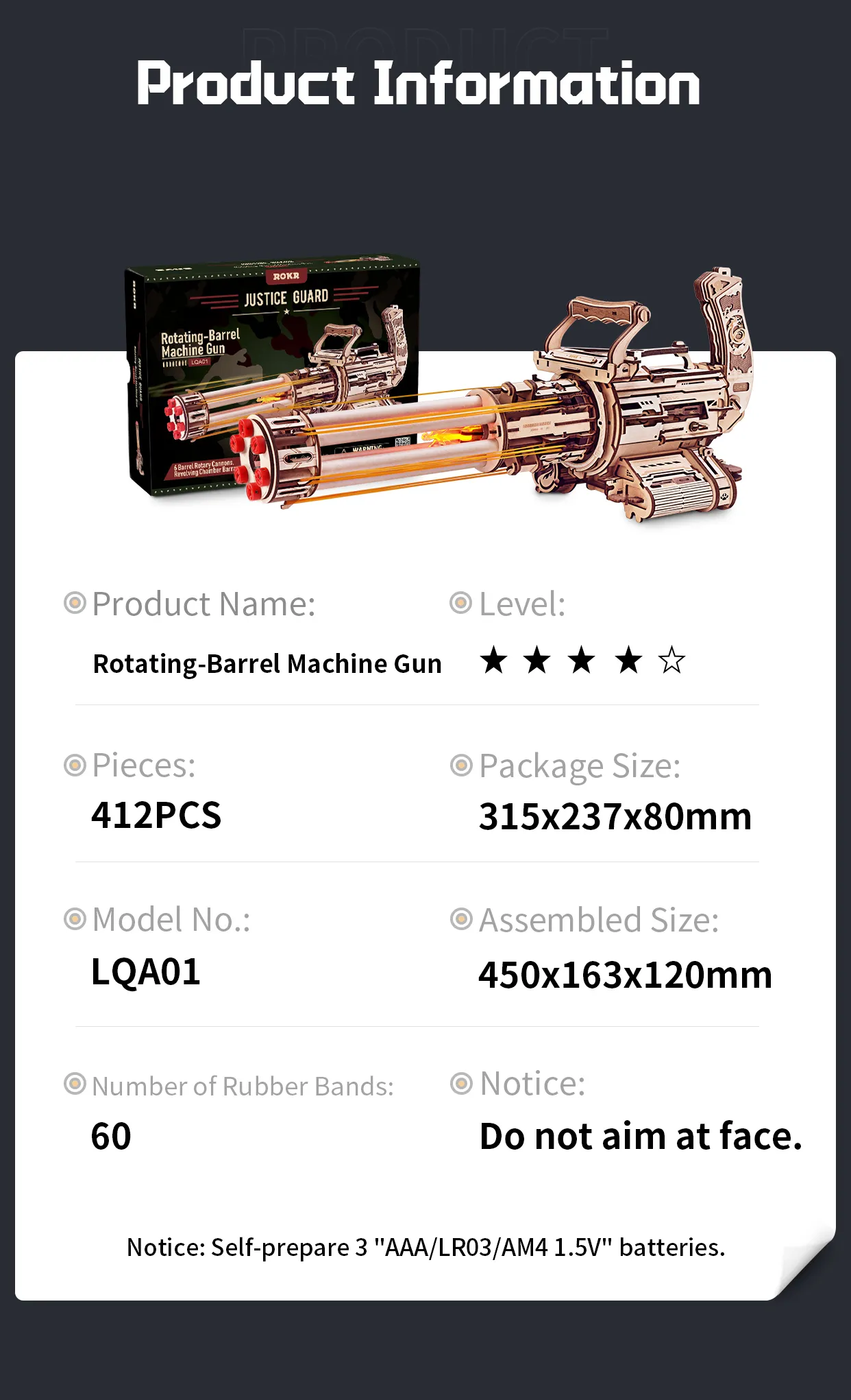 rokr rotating barrel machine gun 3d wooden puzzle lqa01