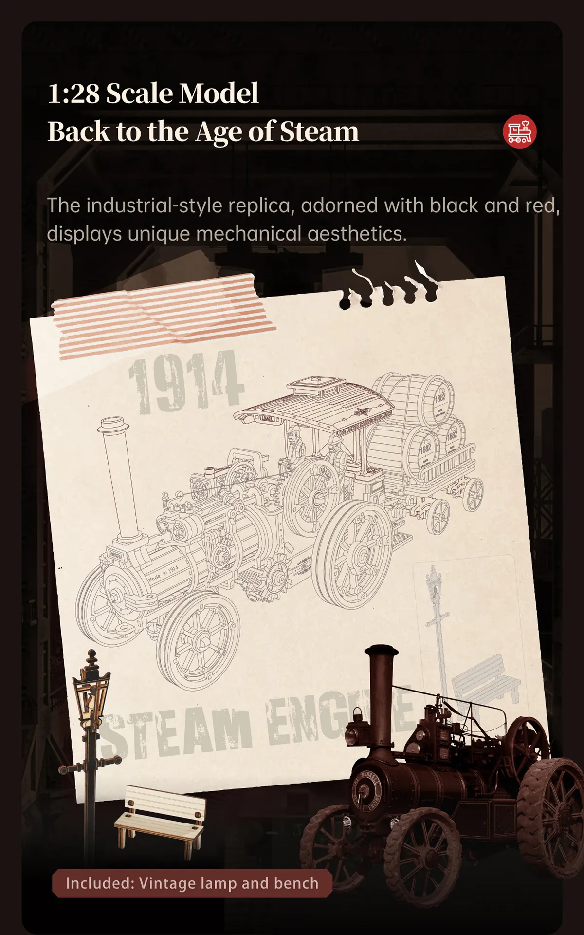 rokr steam engine mechanical 3d wooden puzzle lka01