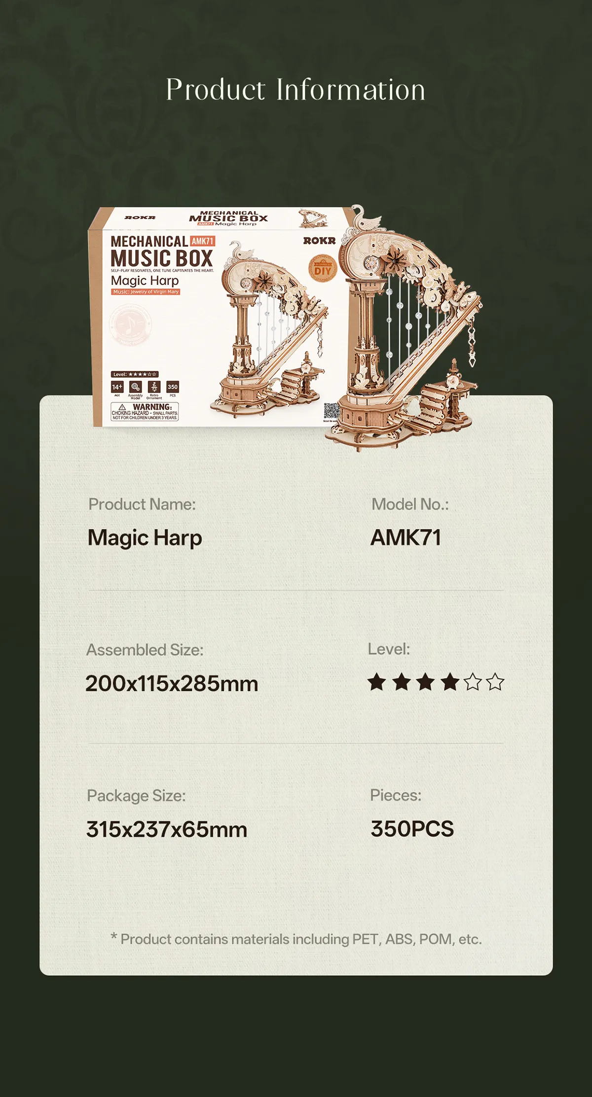 rokr magic harp amk71 wooden music box model