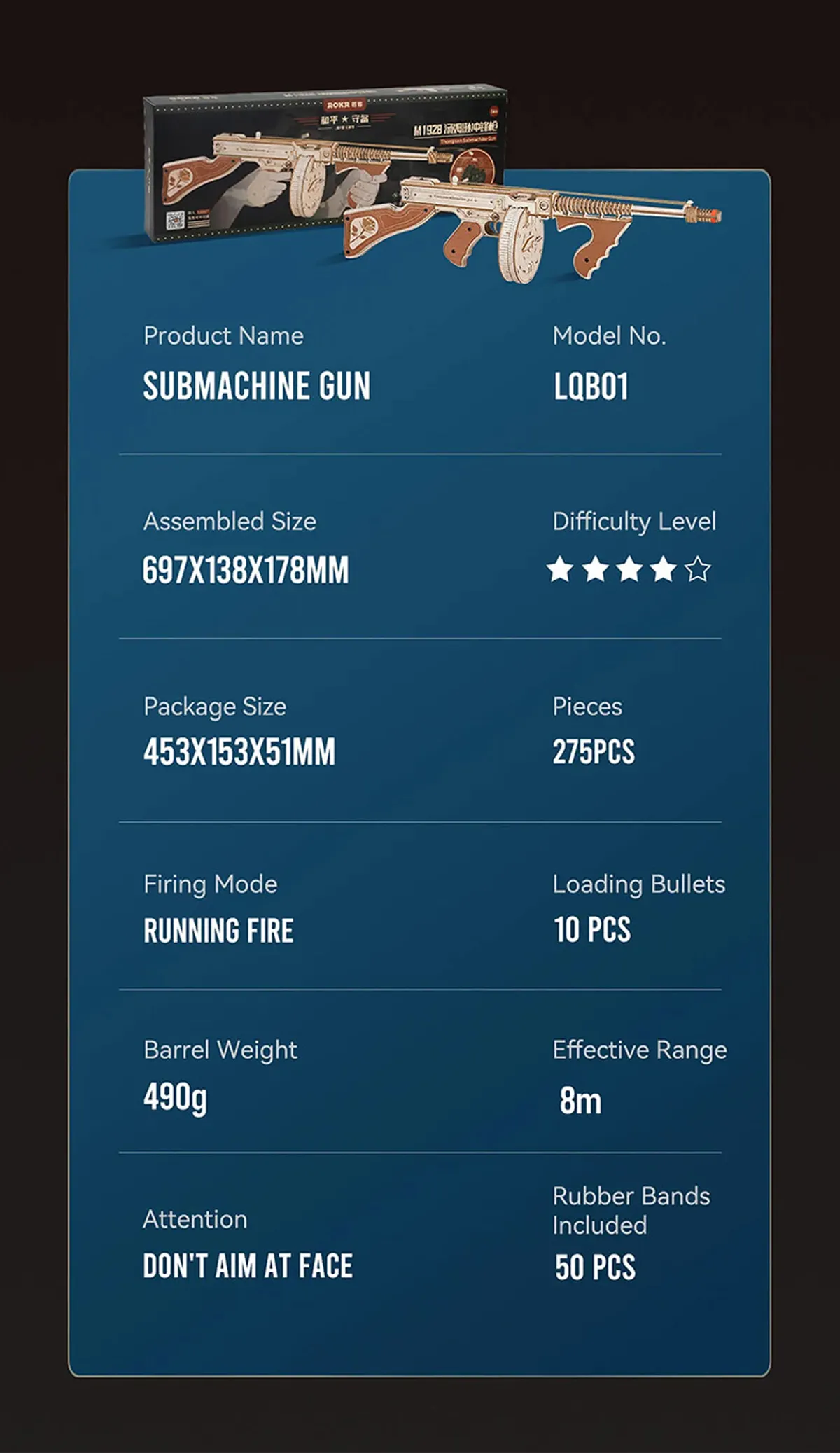 rokr thompson submachine gun toy 3d wooden puzzle lqb01