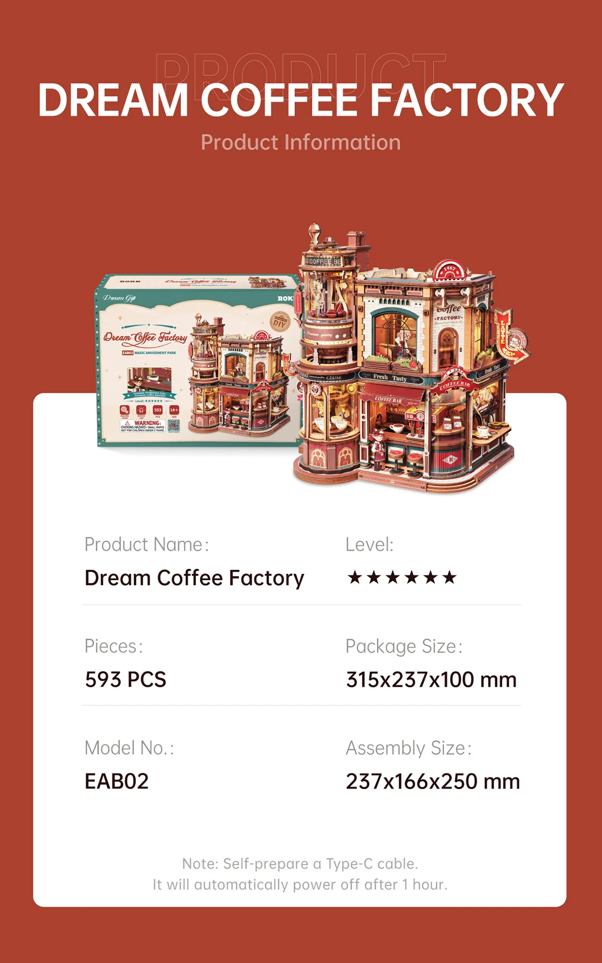 rokr dream coffee factory eab02 wooden music box model